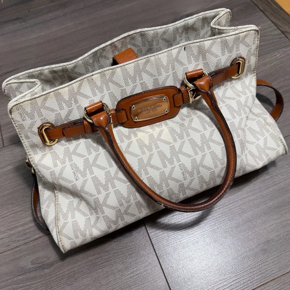 Michael Kors Handbags - MICHAEL KORS Hamilton White Monogram Tote with Brown Leather Trim